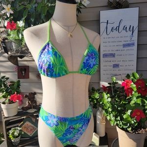 CHRISTINA ♡ Gorgeous 2pc Blue 'n Green Floral String Bikini Top Swimsuit XL